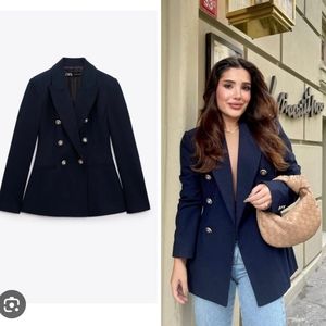 ZARA * DOUBLE BREASTED BLAZER NAVY PIQUE BLAZER